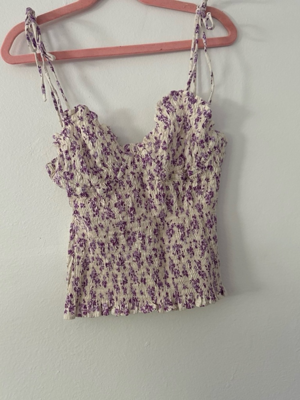 Zara Cream Cami with Purple Floral Ruched Detail